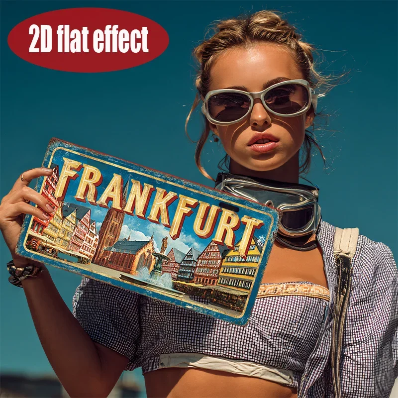 2D Flat, 1pc Vintage Frankfurt-Themed License Plate Cover & Wall Plaque - Suitable for for Decor, Entryway Sign, Retro Plate for