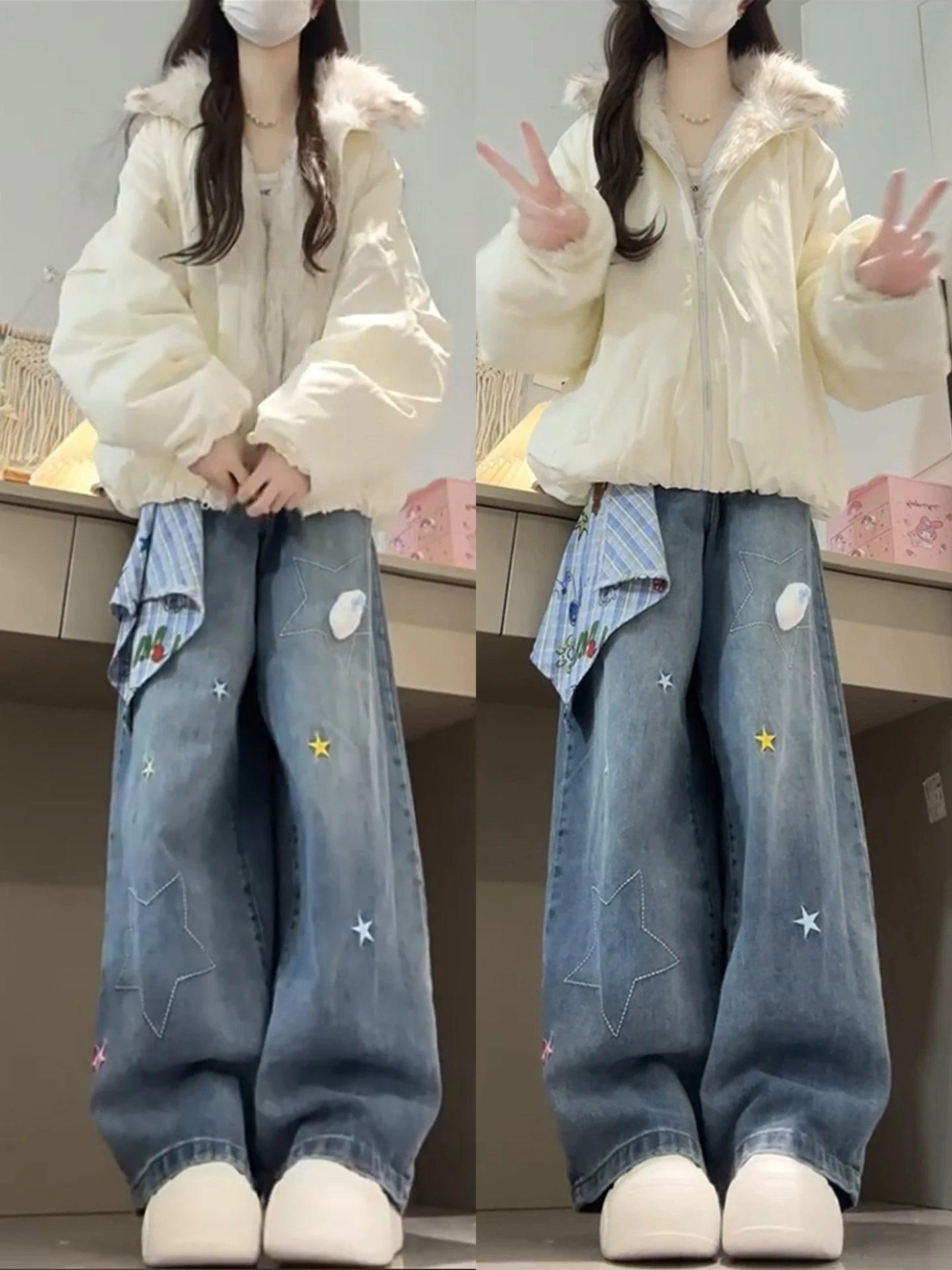 

Зимний теплый комплект из плюшевой хлопковой куртки и джинсов для женщин: корейский стиль, большие размеры, модная верхняя одежда, брюки с высокой талией