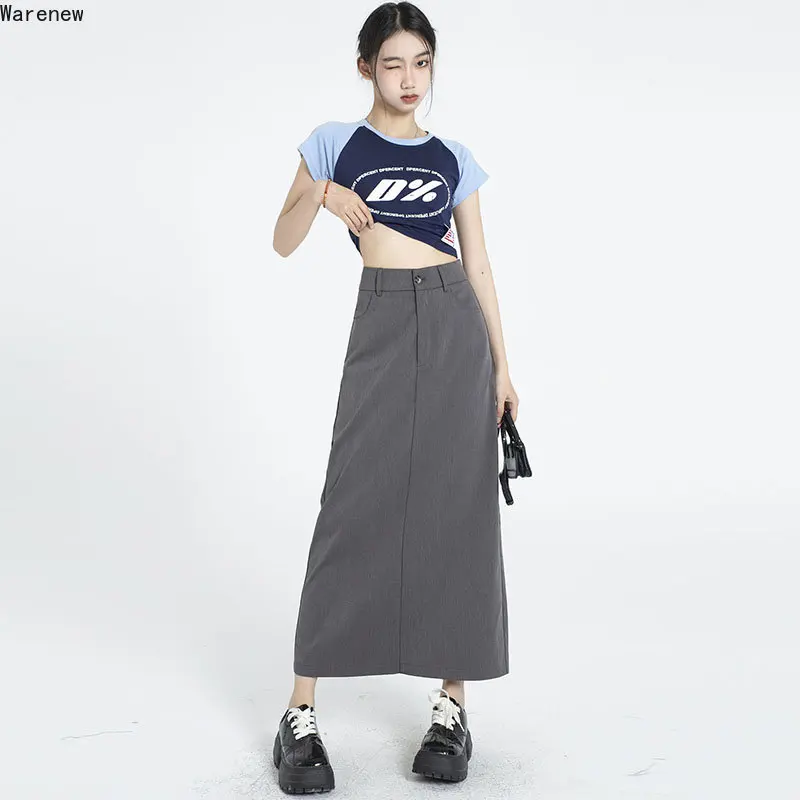 2023 Autumn Office Lady Korea Style Solid Color Soft Mid Long Skirts Women Vintage High Waist Loose Streetwear A-Line Suit Skirt