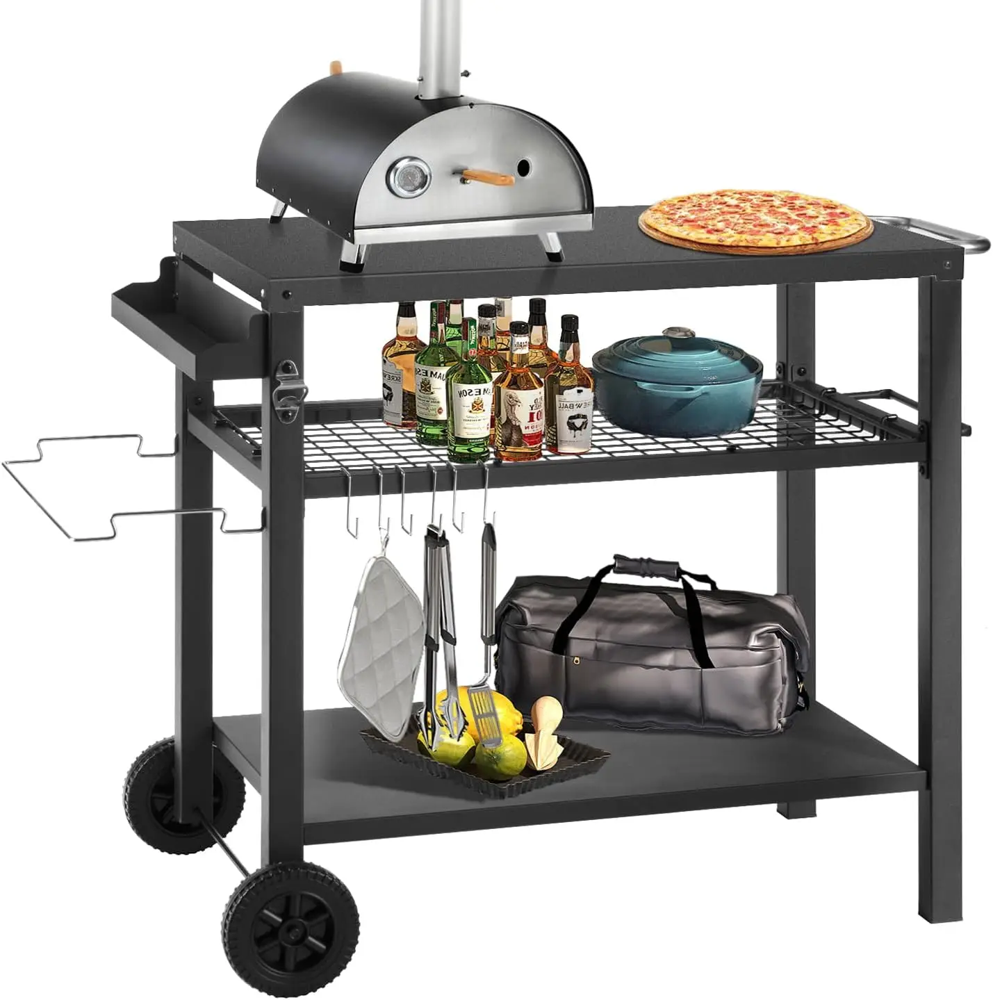 

Grill Cart Table with Three Shelf, Movable Outdoor Dining Cart Pizza Oven Stand with Three Hooks, Kitchen Cart Island Multifunct