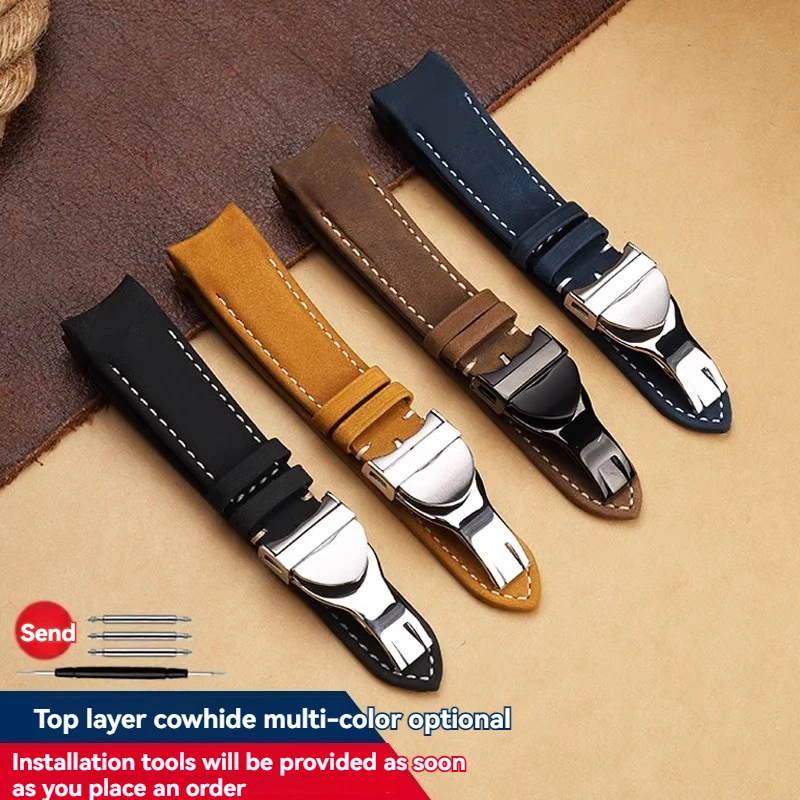 20 مللي متر 22 مللي متر منحني نهاية Lea/ther ريترو حزام ل تيودور بيوان توقيت الذهب الصلب M79363 M79360 قوس جلد البقر سوار أسود براون
