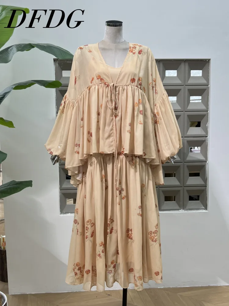 

DFDG Women's 2025 Vintage Elegant Floral Print Spaghetti Strap Maxi Dress Tie Front Cardigan Designer Spring Summer Fashion