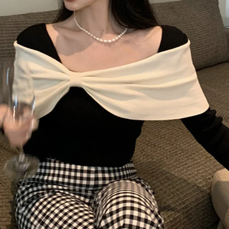 French Bow Contrast Long sleeved Knitted Shirt Women's Autumn High Grade Collar Bone Slim Fit Sweater Top