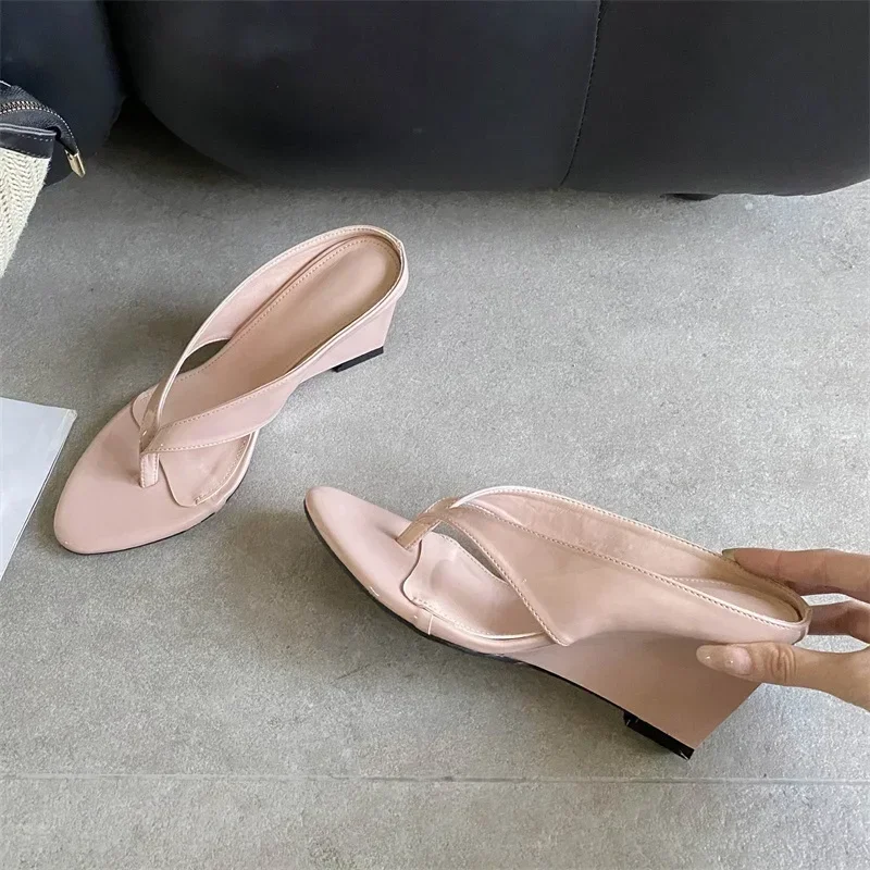 

Aneikeh Woman Slippers Concise Shallow Clip Toe Fashion Design Wedges High Heels Party Slide Shoes Summer Flip Flops Pumps