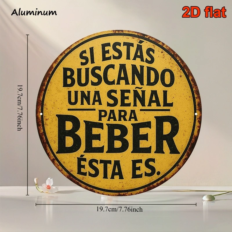 2D Flat, 1-Pack Vintage Spanish Beer Sign - 8X8 Inch Round Rustic Bar Decor with 