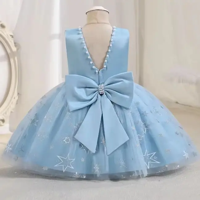 2026 New Summer Baby Girl Flower Birthday Tulle Dress Backless Bow Wedding Gown Baby Kids Party Wear Princess Dress 1-5ears