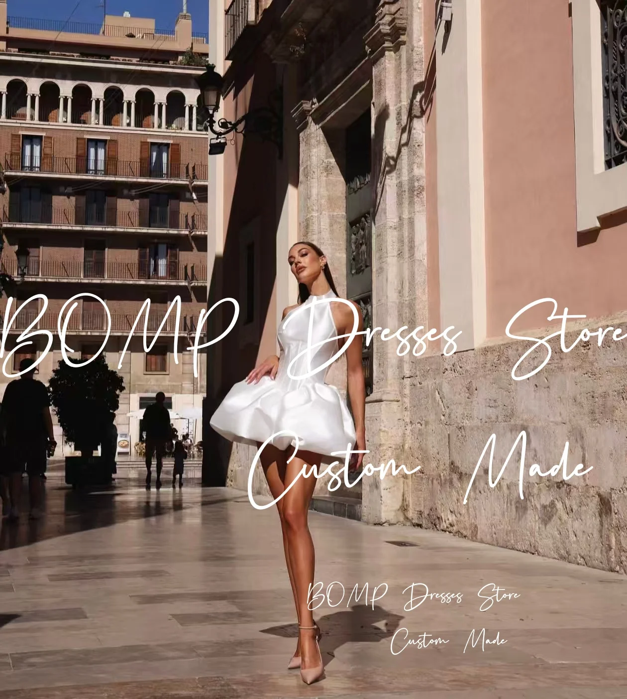 BOMP Elegant White Wedding Party Dress Halter Sleeveless Draped A-Line White Taffeta Short Prom Gown Customized Vestido de novia