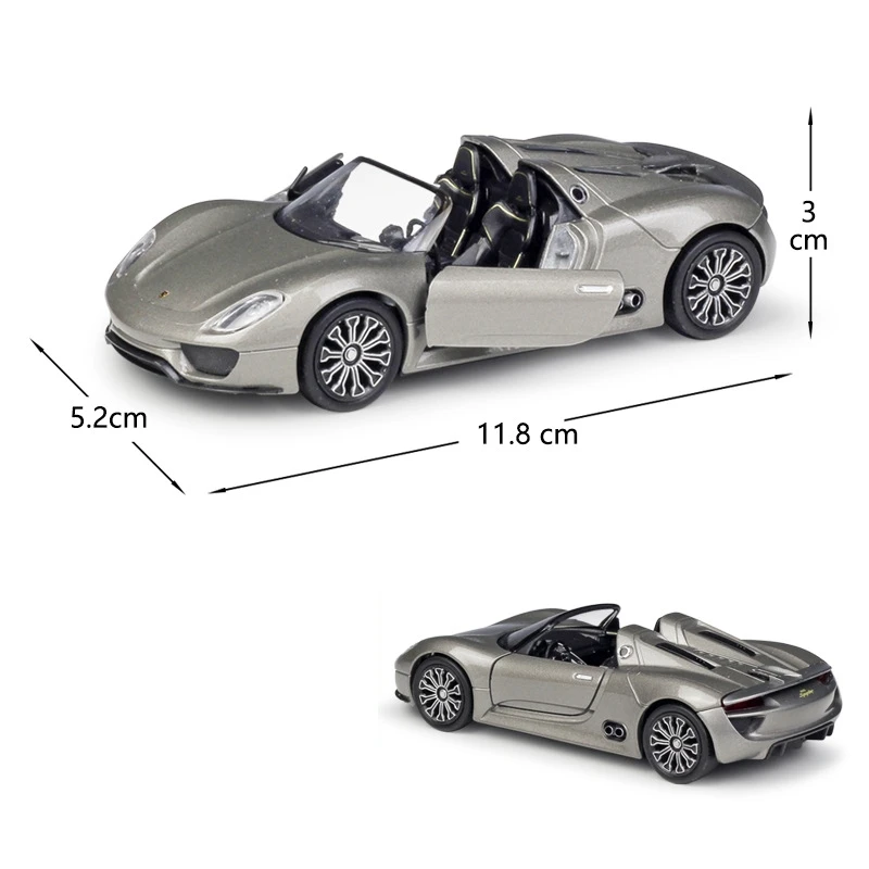 1/36 Porsche 918 Spyder Convertible Toy Car Model For Children RMZ CiTY Welly Diecast Miniature Pull Back Collection Gift Boys