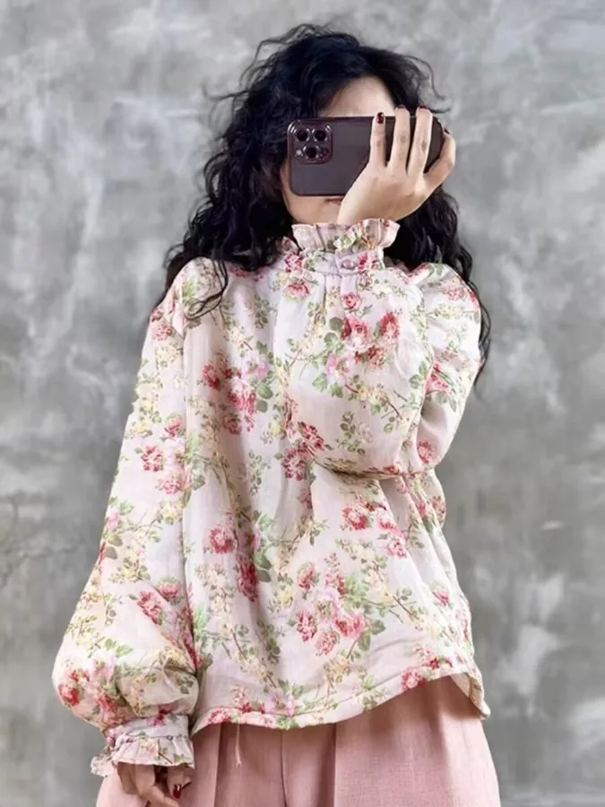 

Retro Floral Print Stand Collar irt Women's Autumn Faion Youthful Base Layer irt Ele Top Quali Cotton Clothing