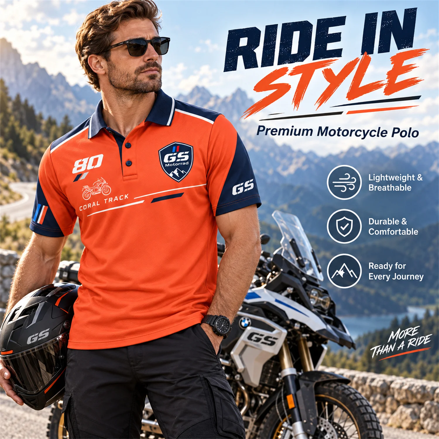 GS Motorrad Motorcycle Polo Shirt Coral Track 80 Graphic Print Short Sleeve Riding Jersey Unisex Biker Adventure Outdoor Wear