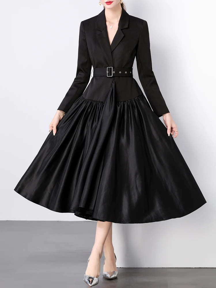 DEAT Elegant Dress Notched Belt Waist Pleated Patchwork Asymmetrical Solid Women\'s Office Lady Dresses 2024 Autumn New 35Z1138