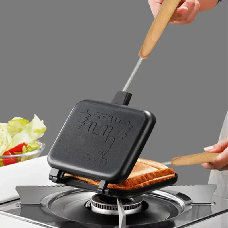 Sandwich machine, double-sided non stick Panini frying pan, with a hand stove, aluminum flip baking tray, breakfast waffles.