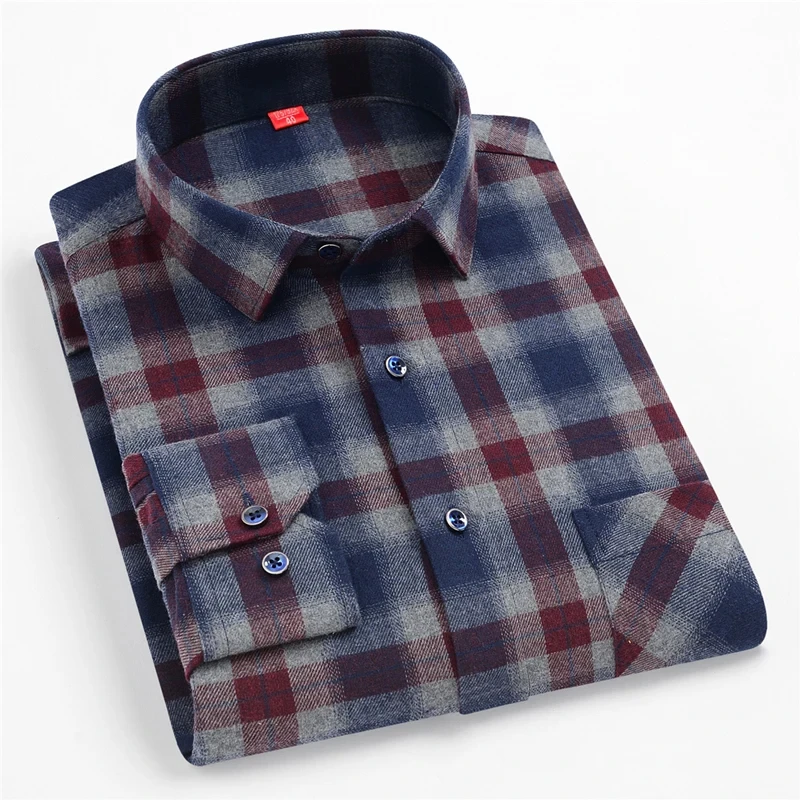 2024 New Men\'s Plaid Casual Shirts Spring Autumn Cotton Long Sleeve Front Pocket Fashion Clothing Businessman Daily Shirts 4XL