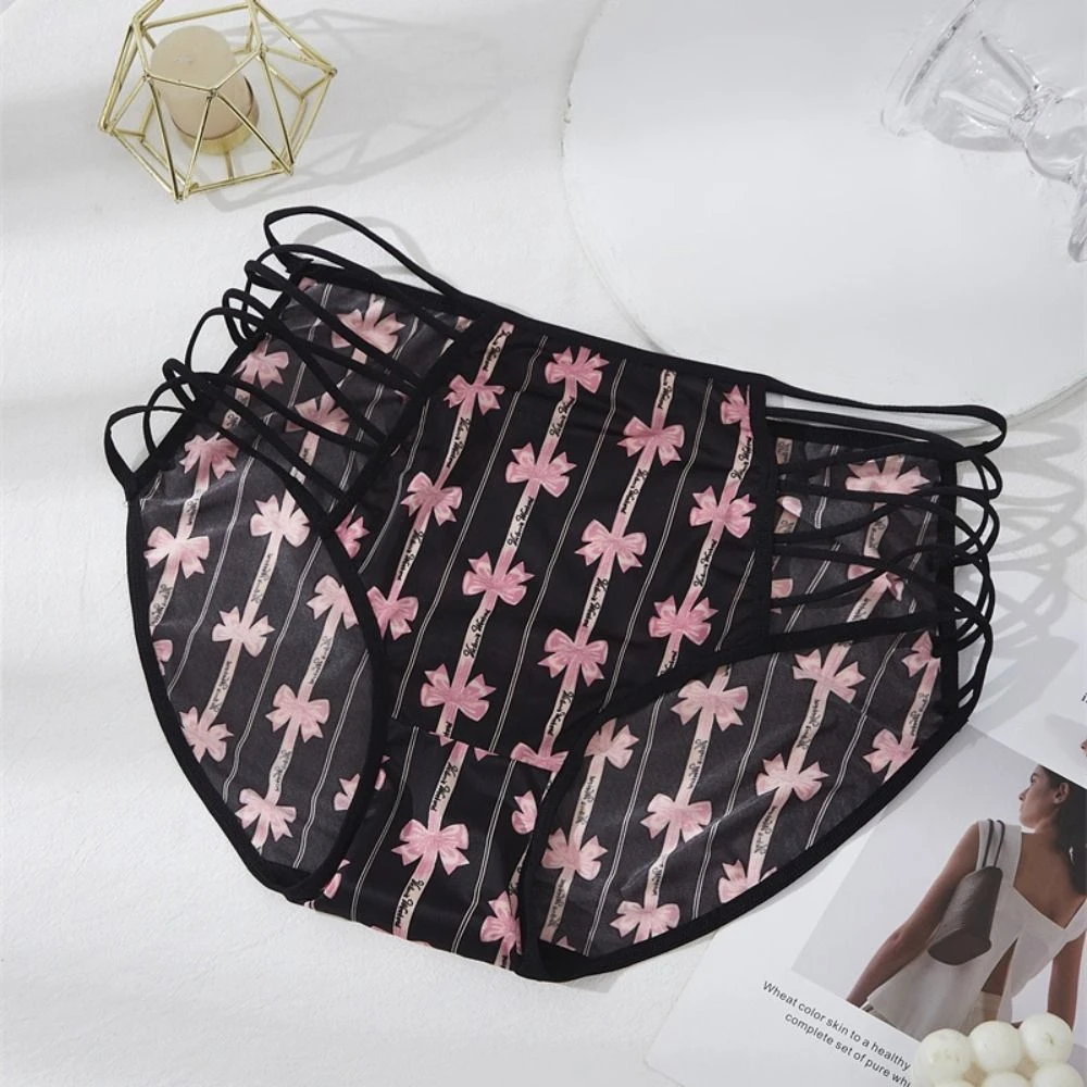 Bequeme Mittlere Taille Leopard Höschen Spaghetti Gürtel Brief Gedruckt Eis Seide Slip Elastische Bowknot Hohl Unterhose Streetwear