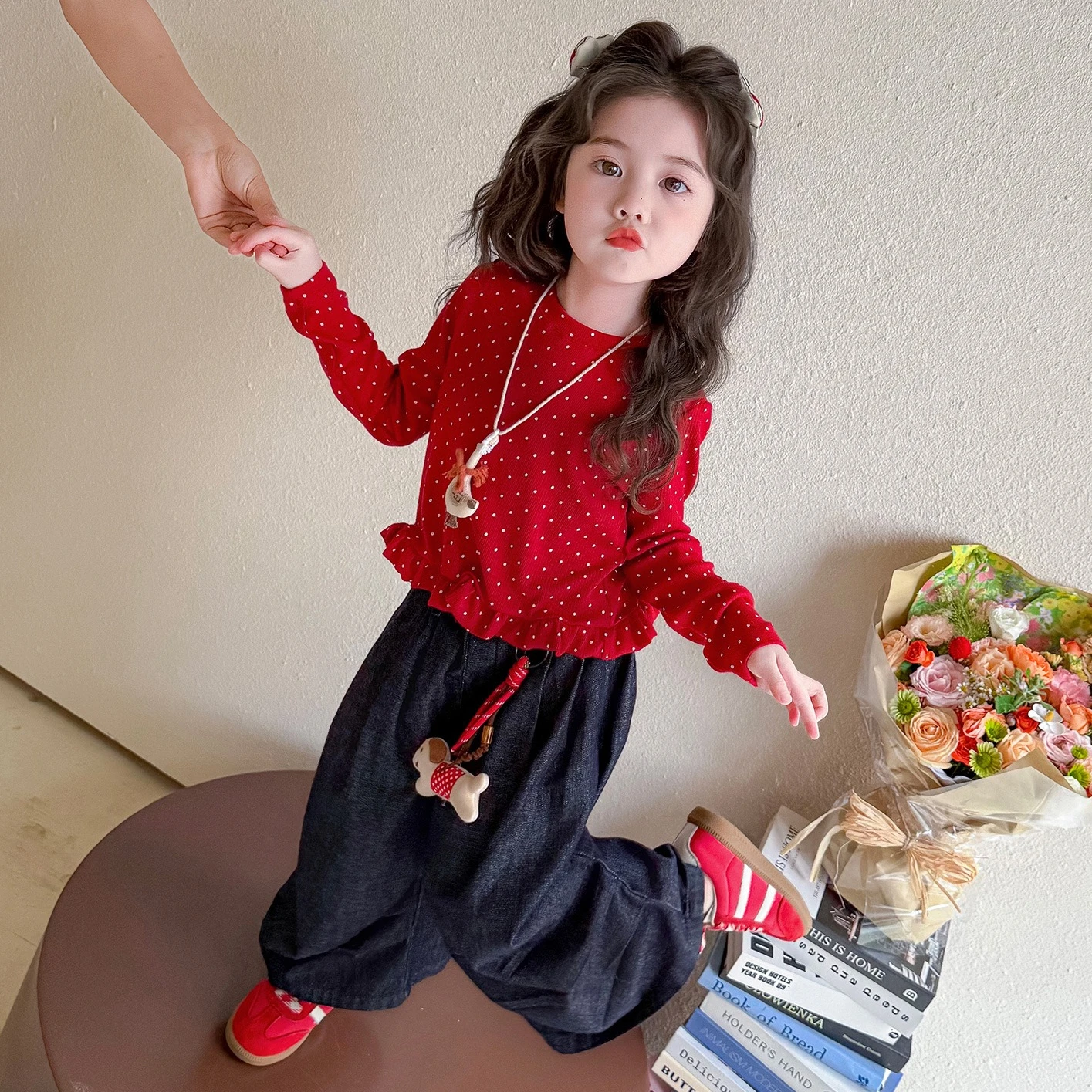 Girls Suit 2025 Autumn New Children's Clothes Girls Baby Fashion Lace Polpok Bottom Shirt Wide Leg Pants Two Sets Casual Simple