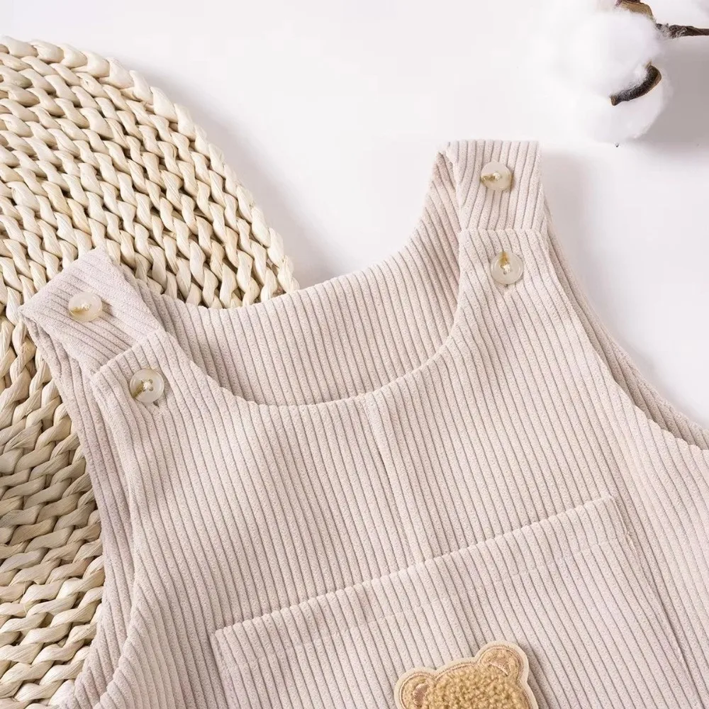 Fashion Cute Bear Graphic Jumpsuits with Small Pocket Denim Bib Pants Newborn Bodysuits Costume Toddler Overalls Boys Girls