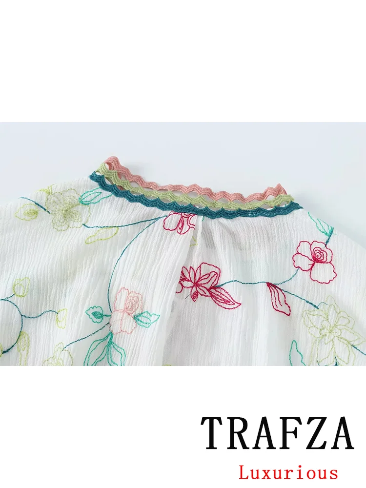 TRAFZA-Conjunto de Blusa de manga larga para mujer, traje con bordado de cuello redondo y una hilera de botones, falda larga, moda de verano, 2024