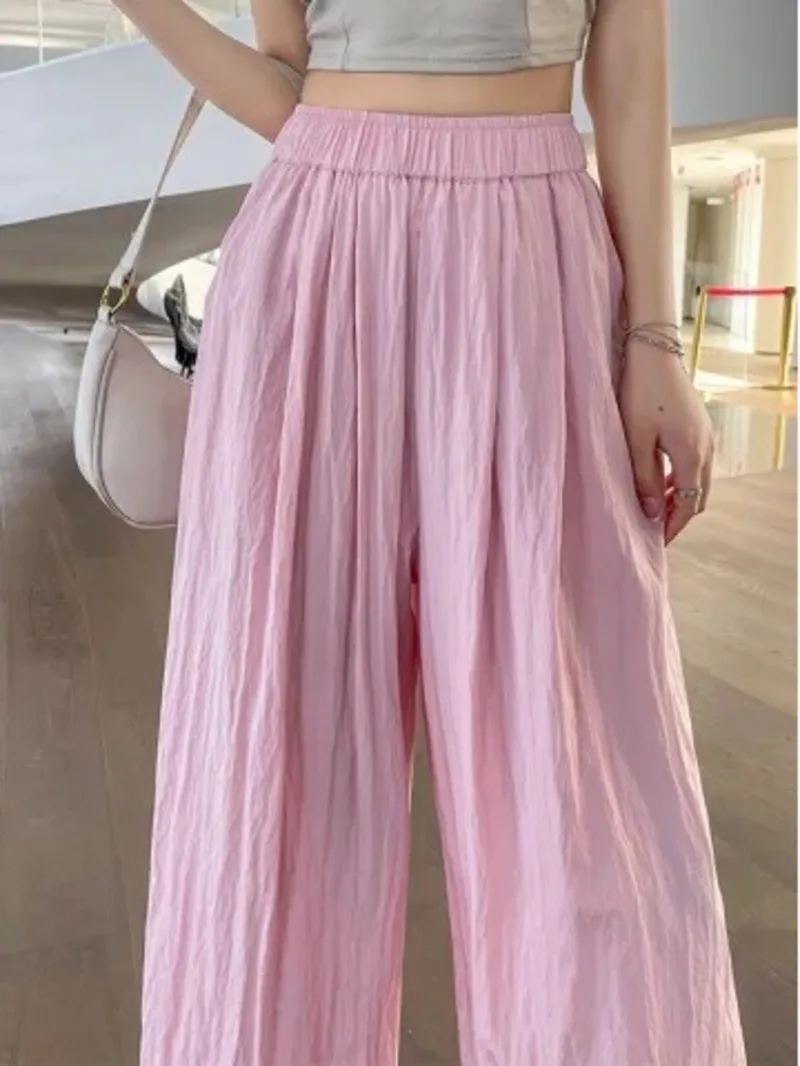 

Wrinkled ice silk casual pants for women in summer thin high waisted draped floor mop pants loose and slim straight leg 6GM3