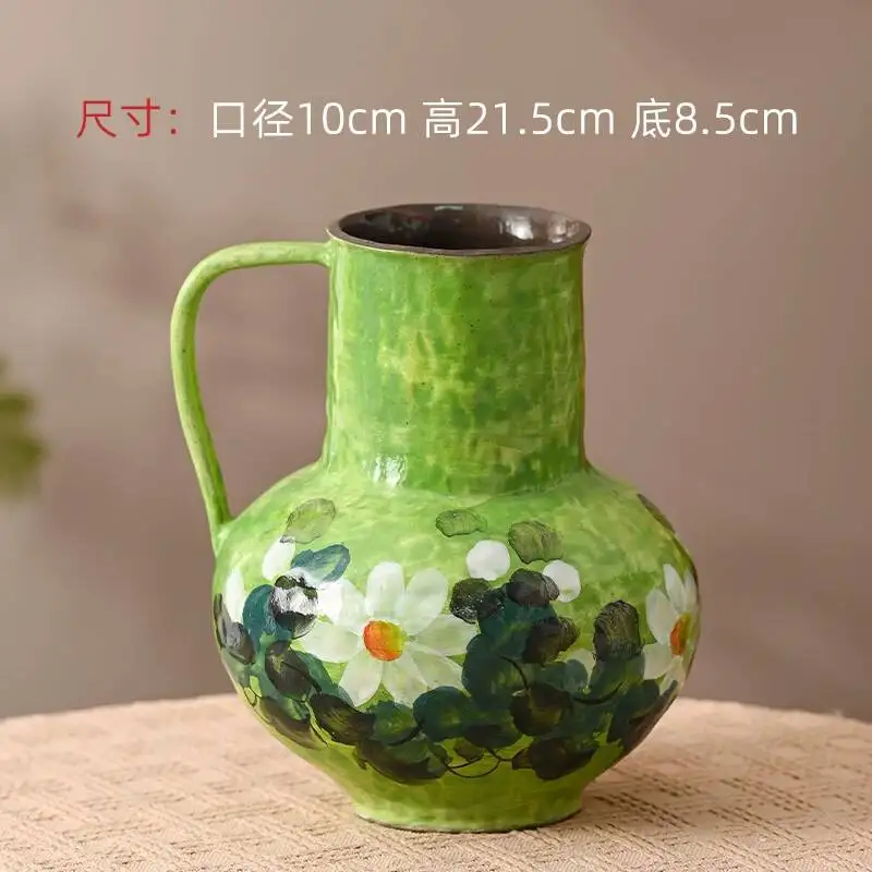 Jingdezhen Hand-Painted Ceramic Vase Ornaments For Living Room Arrangement, High-End Chinese Retro Art Green Flower Pottery Jar