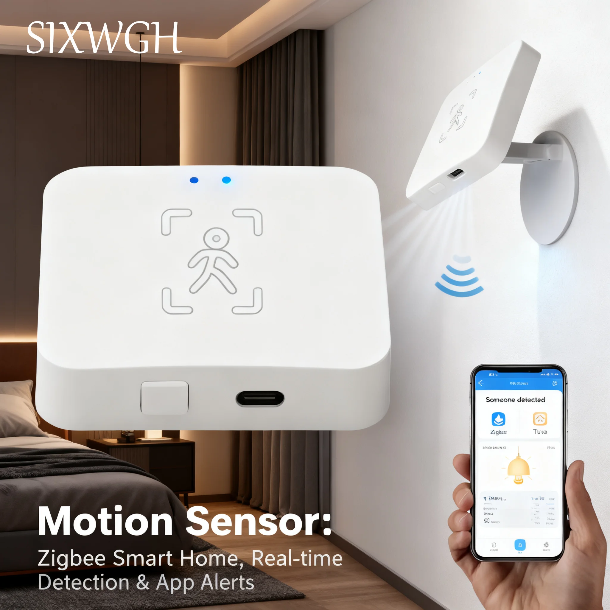 SIXWGH Smart Home Automation Sensor 5.8GHz/24GHz MmWave Radar Fall Sleep Detection WiFi/Zigbee 3.0 10m Range Wall Plastic Flip