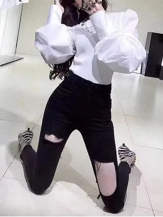 

High Waist Denim Skinny Jeans Women's Summer New Butt Lifting Elastic Tight Pencil Pants Long Leg Lengthening Hole Design