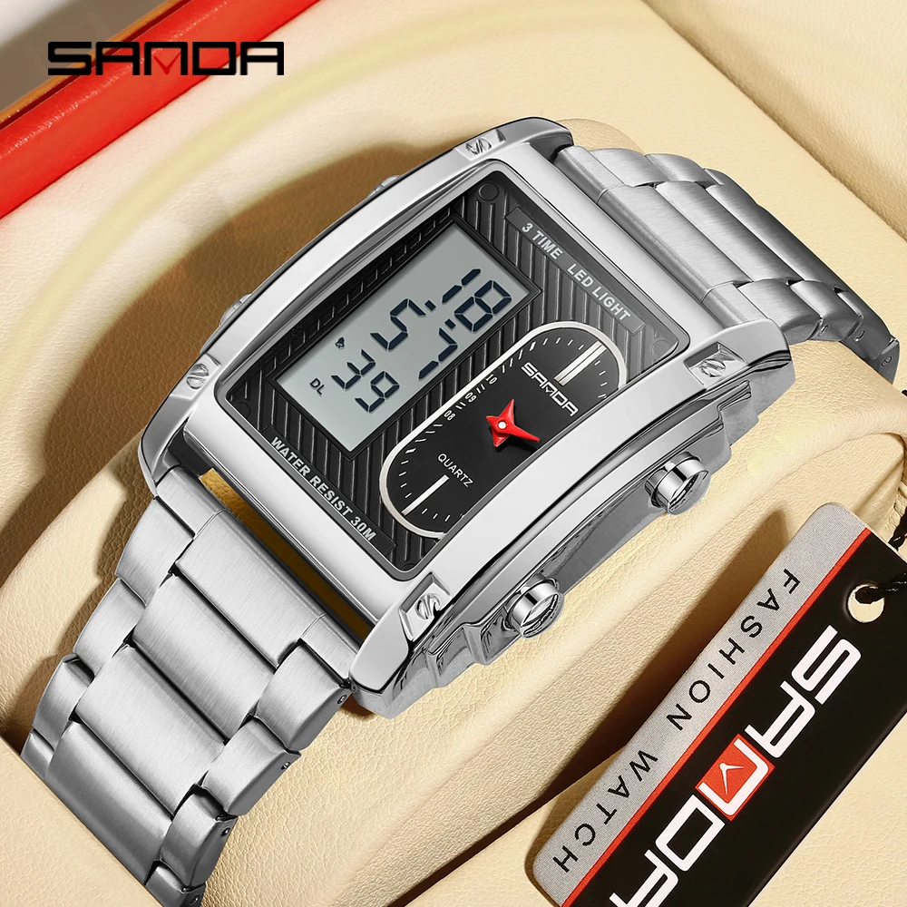 SANDA 3328 Luxury Fashion Men's Electronic Watch Cool Analog Digital Dual Display Waterproof LED Men's Watch 2025