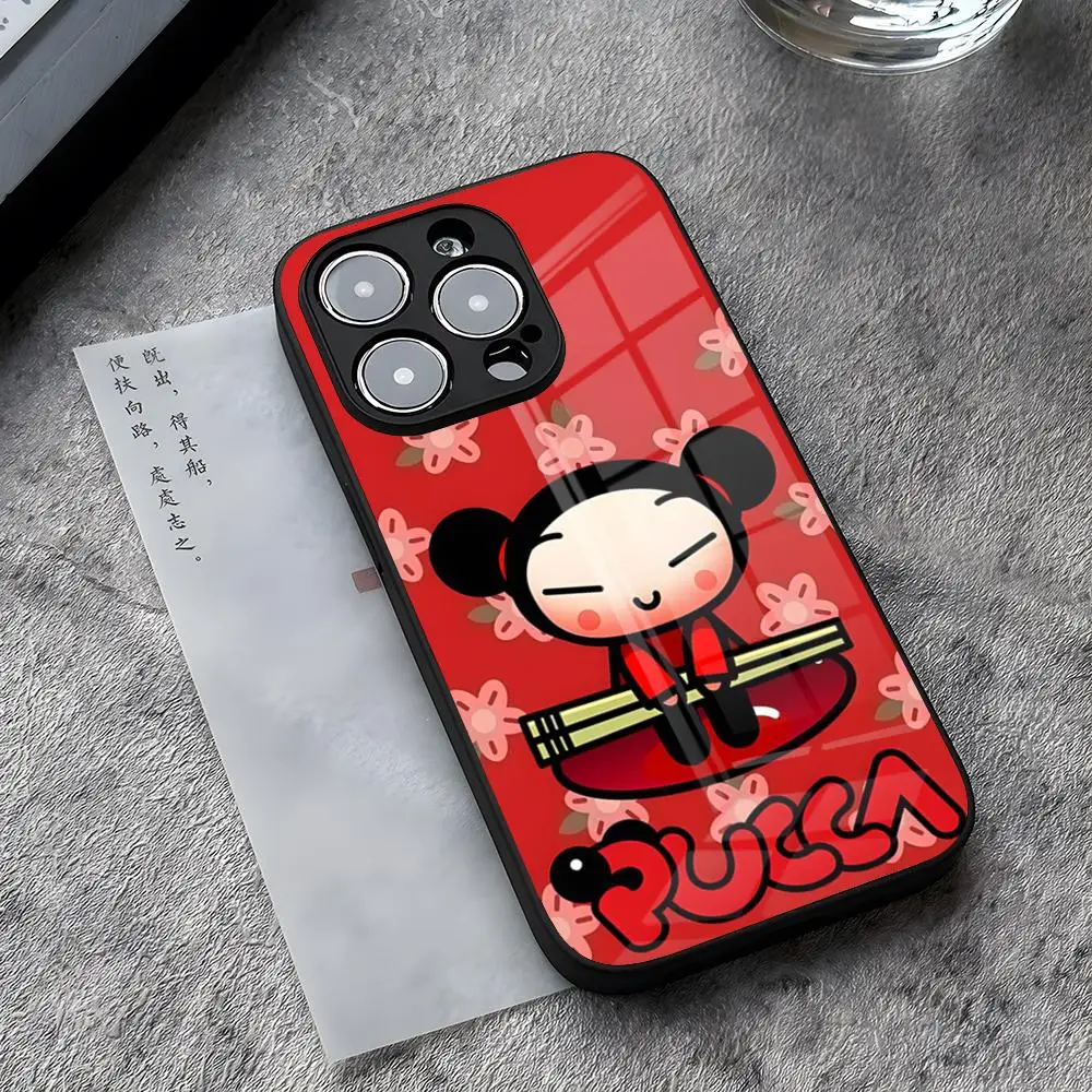 Fashion Cute Cartoon Pucca Phone Case for iPhone 14 Pro Max 15 Plus 12 11 13 Mini X XR XS 8 7 Plus SE 2020 Tempered Glass Cover