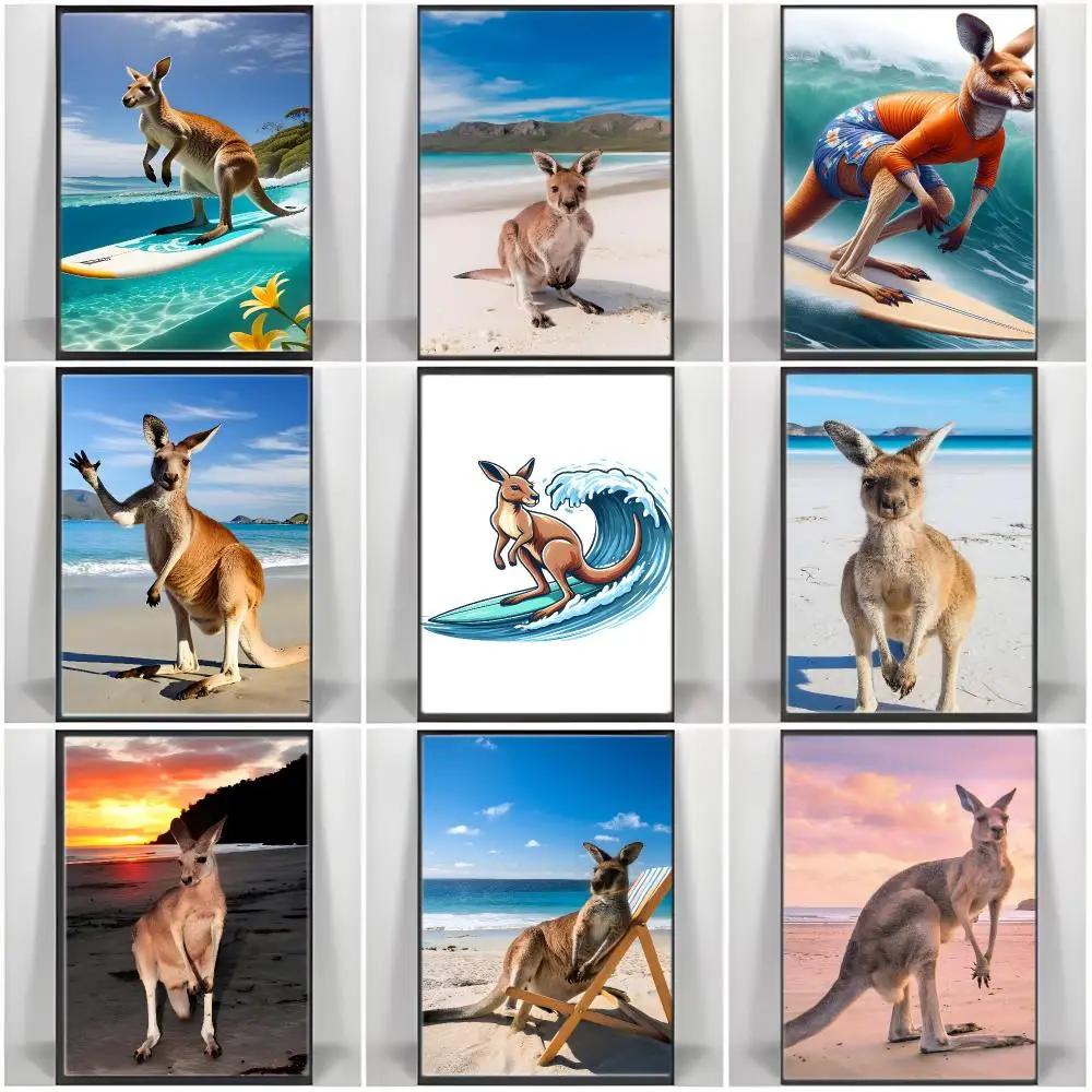K-Kangaroo on Beach Poster  Self-adhesive Art Waterproof Paper Sticker Coffee House Bar Room Wall Decor
