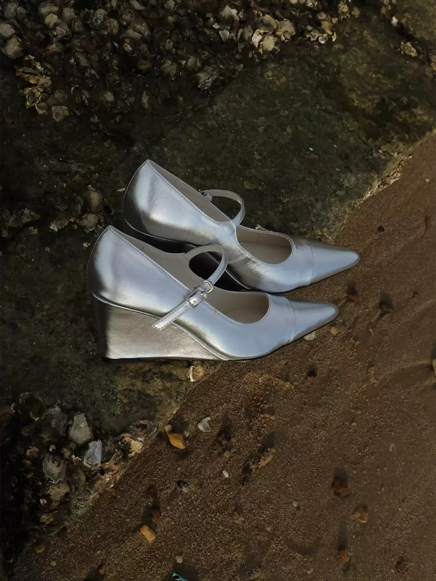 Women's Shiny Metallic Silver Pointed Toe Mary Jane Wedge Pumps Adjustable Single Buckle Strap Slip On Elegant Wedding Footwear