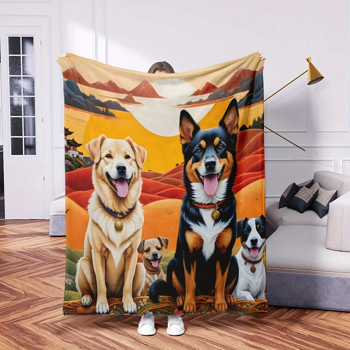 A Dusk-themed Family Portrait Flannel Blanket Featuring a German Shepherd Dog, a Cozy Printed Flannel Throw with Vibrant Colors,