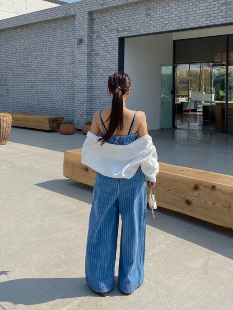 Denim Striped Print Sleeveless Slip Jumpsuit Women Wide Leg Loose Pleated Ladies Trousers Korean Fashion Woman Overalls Pants