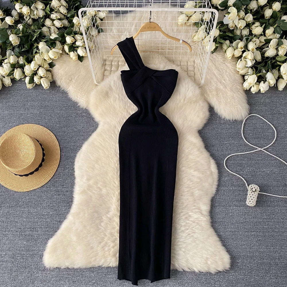 YuooMuoo Chic mode Sexy Wrap hanches une épaule robe tricotée femmes élégant noeud mince élastique moulante robe de soirée dame Vestid