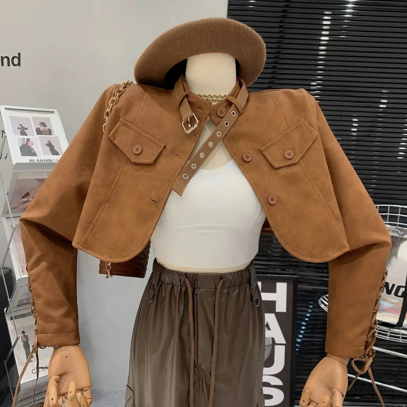 

American Retro Desert Wasteland Sle ort Leather Jaet Women's Spring Autumn Tall Brown Open Cardigan Top Faionable