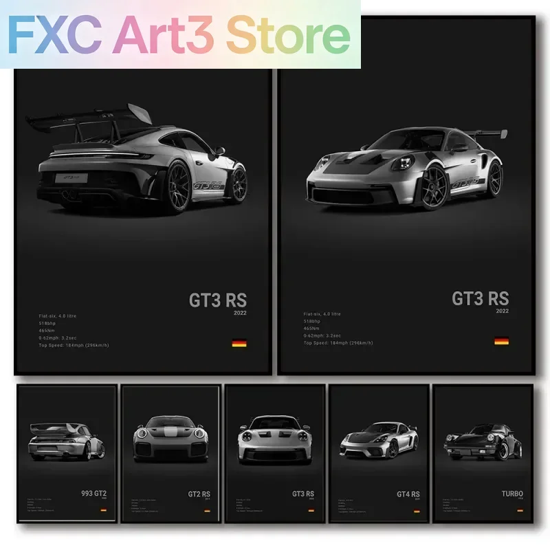 Frameless,1pc  canvas painting Black White Pop Luxury Germany Sports Car Poster Wall Art 911 GT3 RS Turbo HD Print Canvas Painti