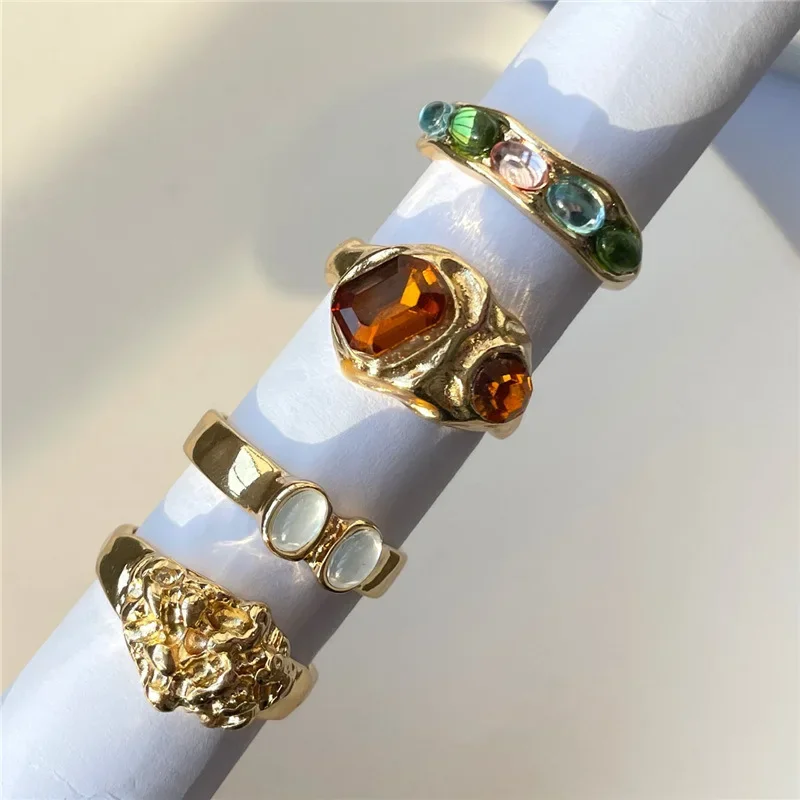 

2024 New Tide Individuality Retro Geometric Hollowing Inlay Gem Rings SetLiquid State Metal Four-Piece Rings Set Paty Jewelry