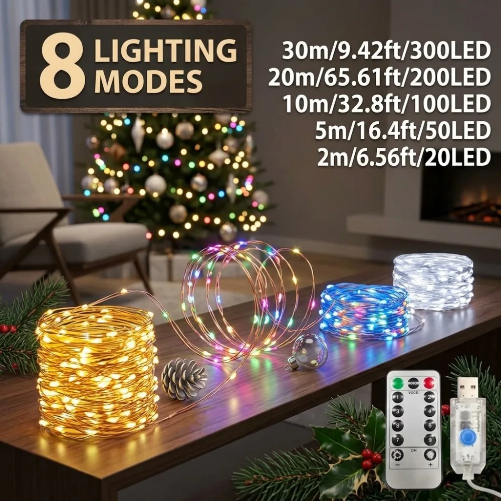 LED Remote Control Fairy Lights Copper Wire USB Powered 8 Modes Christmas Tree Party, Wedding, New Year, Holiday Home Decoration