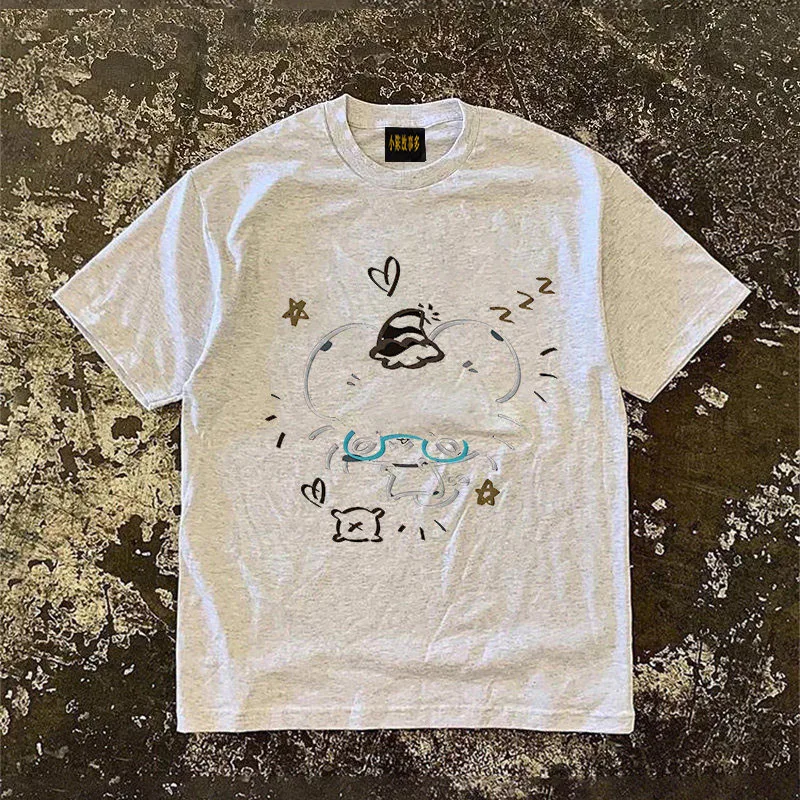 Loose Fit Cotton T-Shirt Short Sleeve Double Thread Pure Cotton American Retro Style Unisex Summer Fashion Printed Top