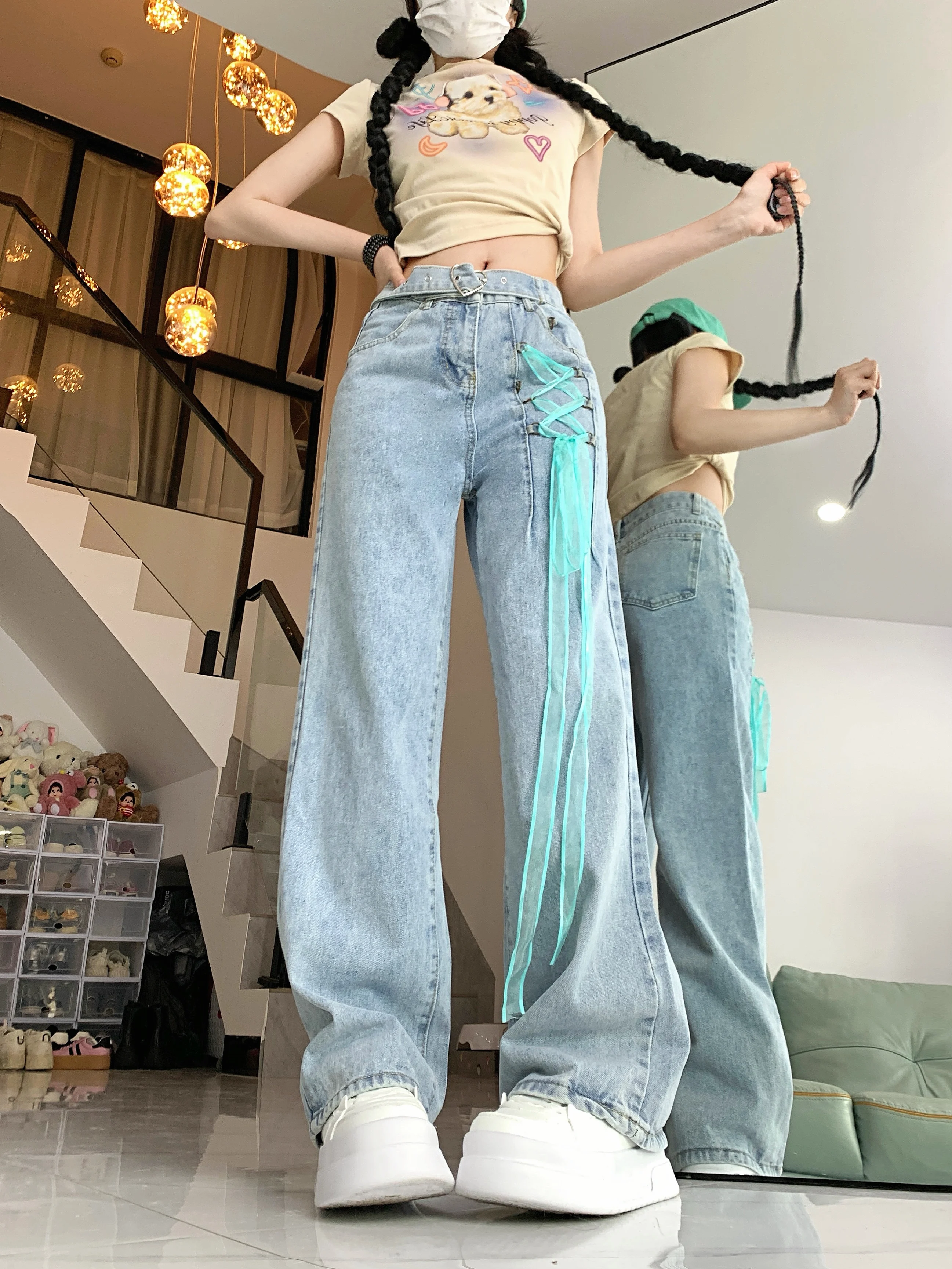 Jigan niche jeans for women with high waist, loose and slimming straps, wide leg pants, and long pants