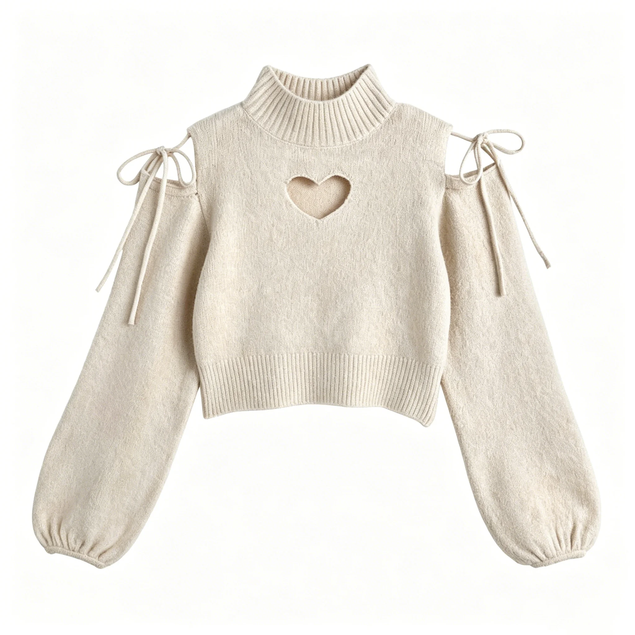 Y2K Damen Beige Flauschiger Strickpullover 2026 Neu Rollkragen Cold Shoulder Herz-Ausschnitt Pullover Top Kurz Schick Damen Pendler-Outfit