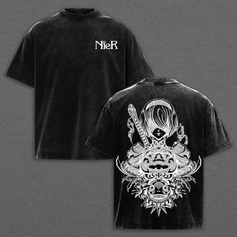 YoRHa No.2 Type‑B NieR Clothing Men Short Sleeve Game T-shirts Vintage Washed T Shirt Casual Cotton Tee Harajuku Male Tshirt