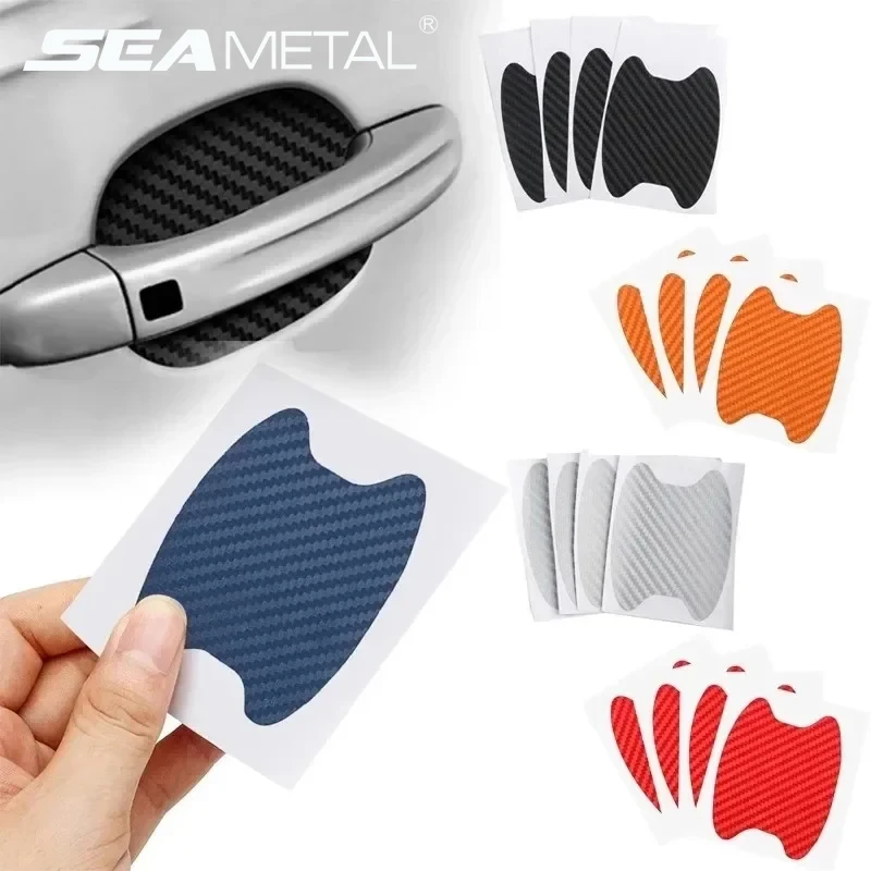 SEAMETAL 4Pcs Car Styling Mouldings Sticker Car Door Stickers Carbon Fiber Scratches Resistant Cover Auto Handle Protection Film