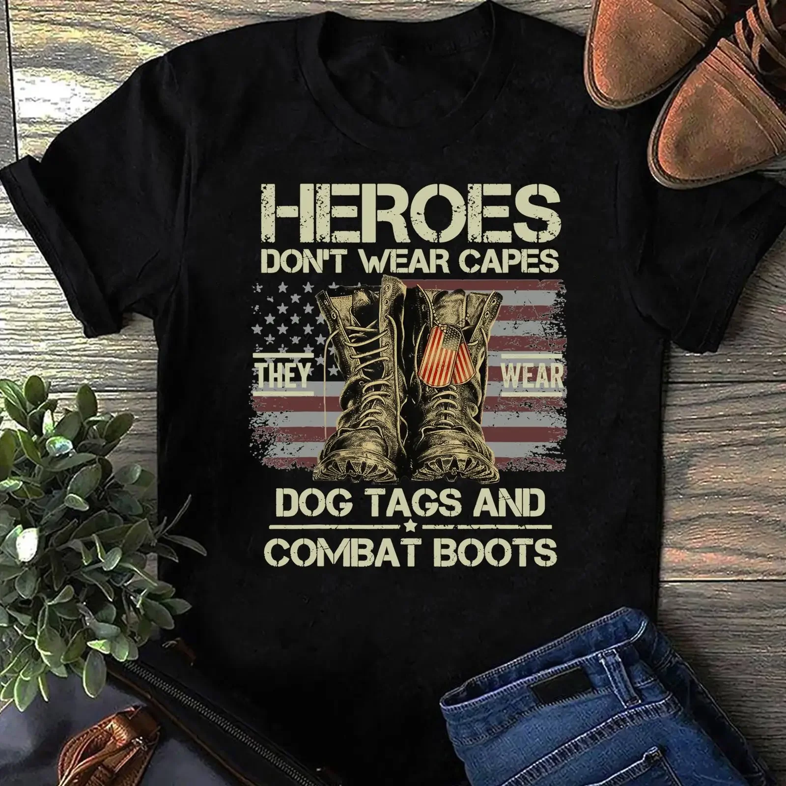 Patriotic Heroes Don't Wear Capes They Dog Tags Combat Boots US Flag T Shirt Military Veteran  vintage Washed graphic