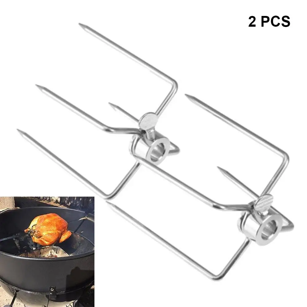 2Pcs 4 Forked Stainless Steel Picnic Charcoal BBQ Fork Grilled Beef Kebab Skewer Chicken Drumstick Turkey Fork Barbecue Roast