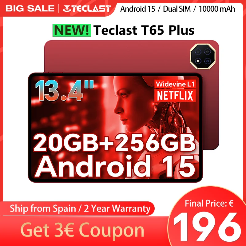 Teclast T65Plus، 13.4 بوصة، 120 هرتز ماكس فيو، Android 15 كمبيوتر لوحي، (8 جيجا بايت + 12 جيجا بايت) 20 جيجا بايت رام + 256 جيجا بايت روم، هيليو G99، 8 نوى، 1920X1200، شبكات ومكالمات 4 جيجا، فتحات بطاقة Sim مزدوجة، 5 ميجا بايت، 5 ميجا بايت، GPS، 13 ميجا بايت + 8 ميجا بايت + 8 ميجا بيكسل
