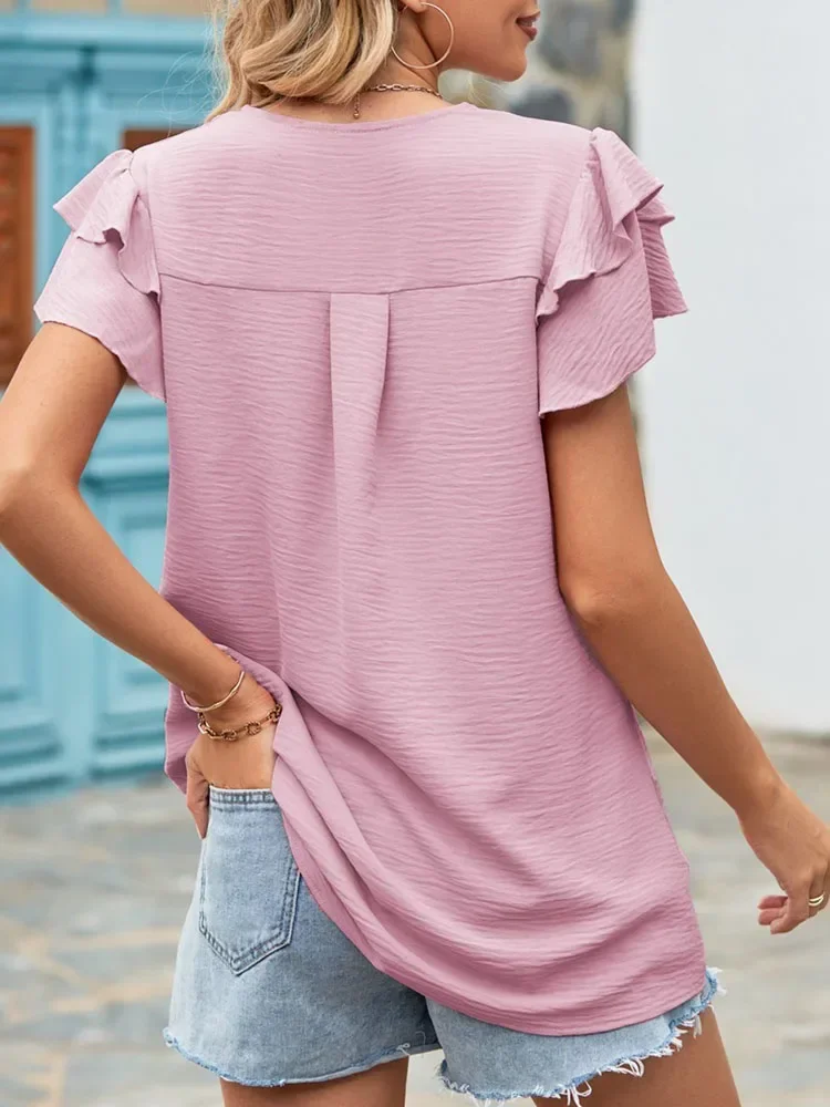 

Women's White Blouses Summer V-neck Ruffles Short-sleeve Loose Casual Shirt Women Vintage Pullover Top Streetwear Female Clothes
