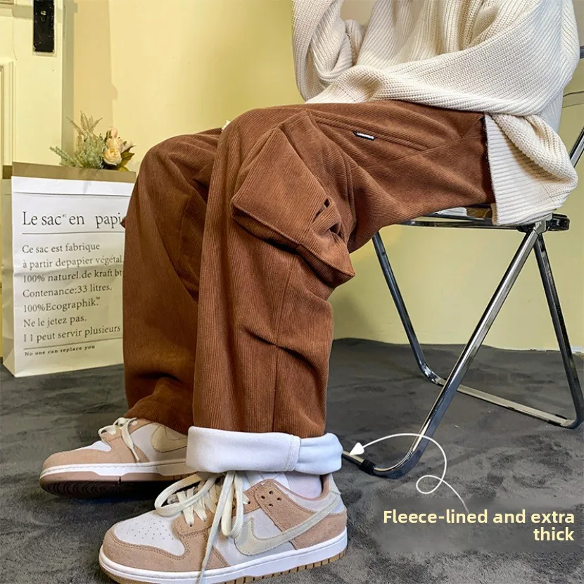 

Thiened Fce Men's Winter Corduroy Work Pants Loose Casual Trousers Straight Leg Anti-Wrinkle Youthful Sle Basic Color