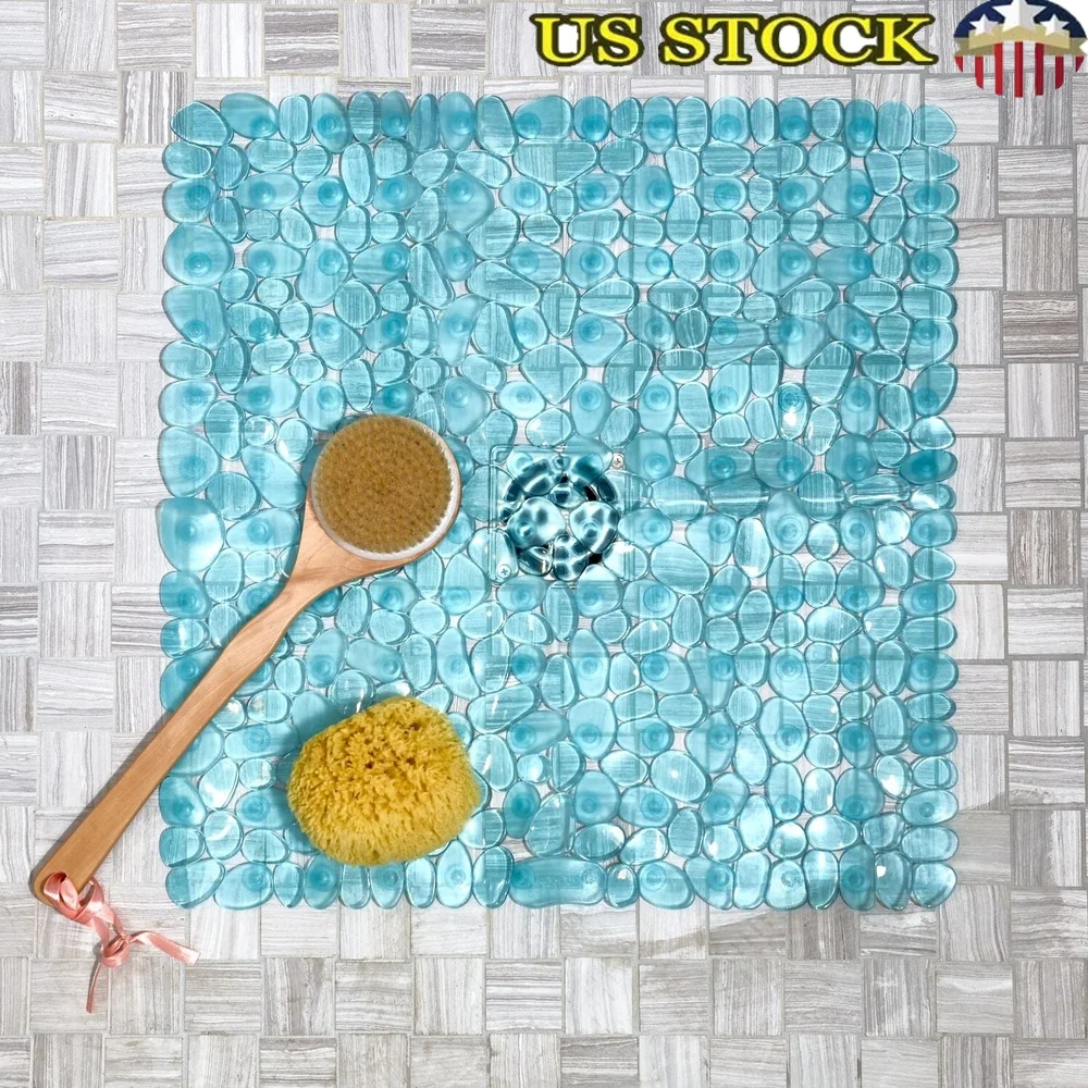 

Полупрозрачный синий коврик для душа, нескользящий ПВХ, квадратный дизайн, текстурированные гальки, легкий дренаж, гибкая мягкая конструкция, 22x22 дюйма