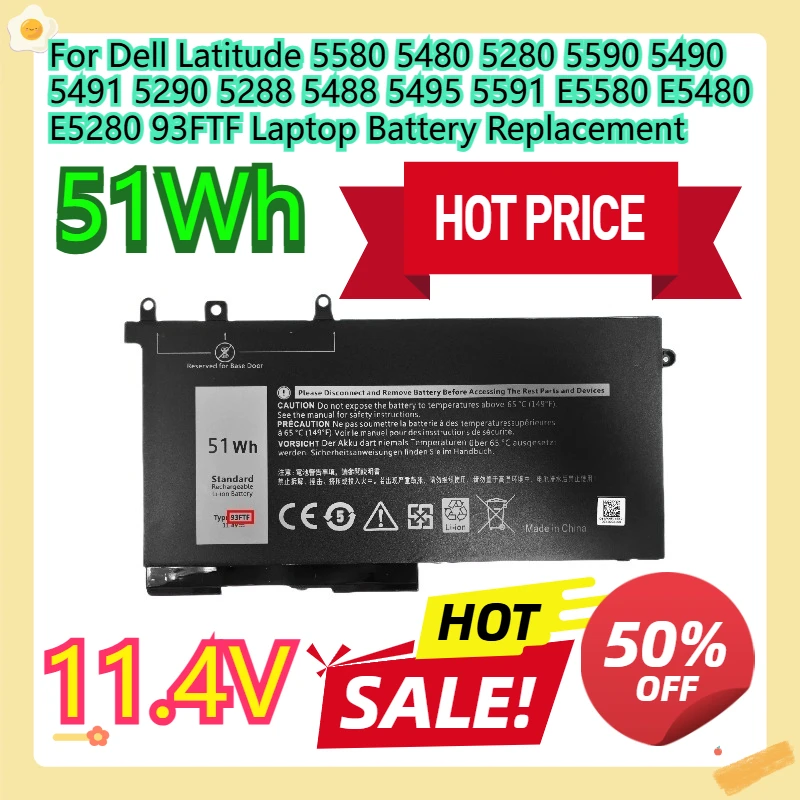 

For Dell Latitude 5580 5480 5280 5590 5490 5491 5290 5288 5488 5495 5591 E5580 E5480 E5280 93FTF Laptop Battery Replacement 51Wh