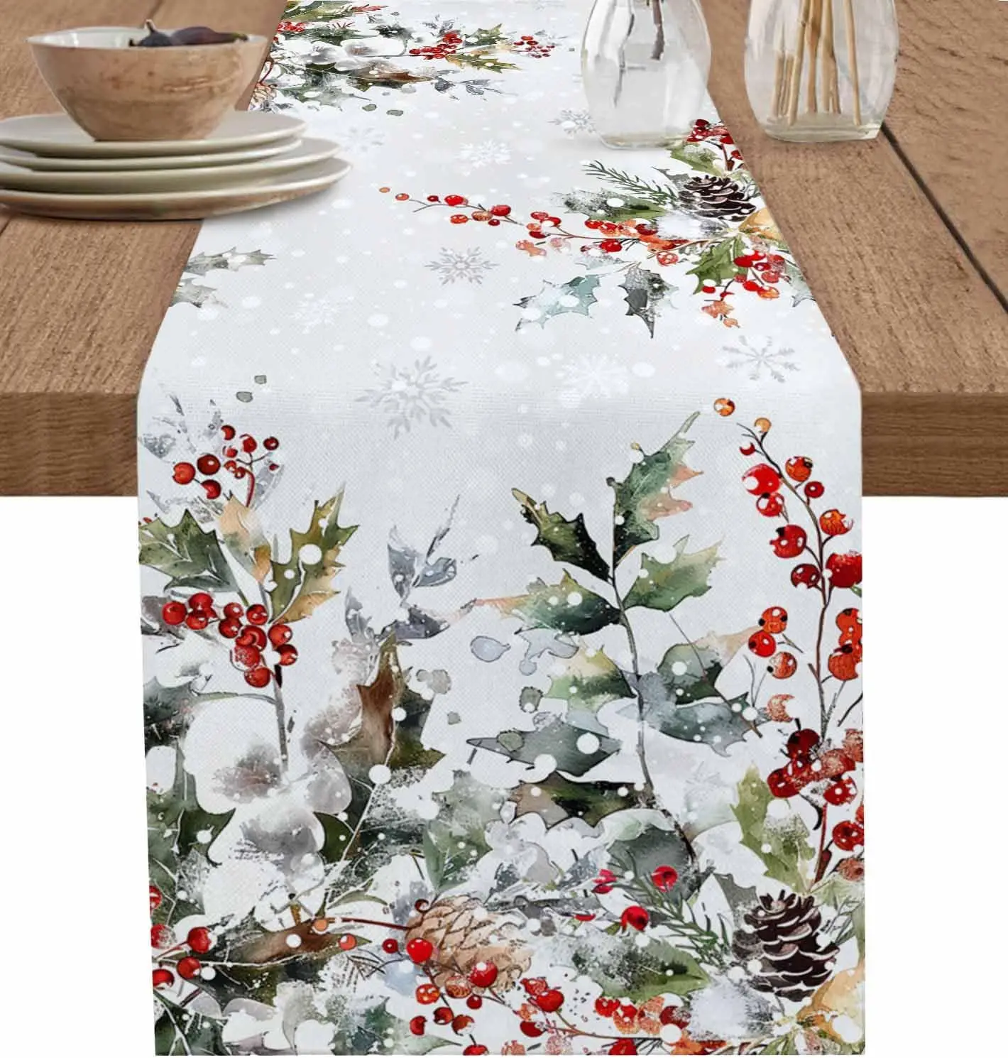 Christmas Botanical Red Berry Pinecone Table Runner Party Decor Winter Xmas Kitchen Dining Table Runner Christmas Decorations