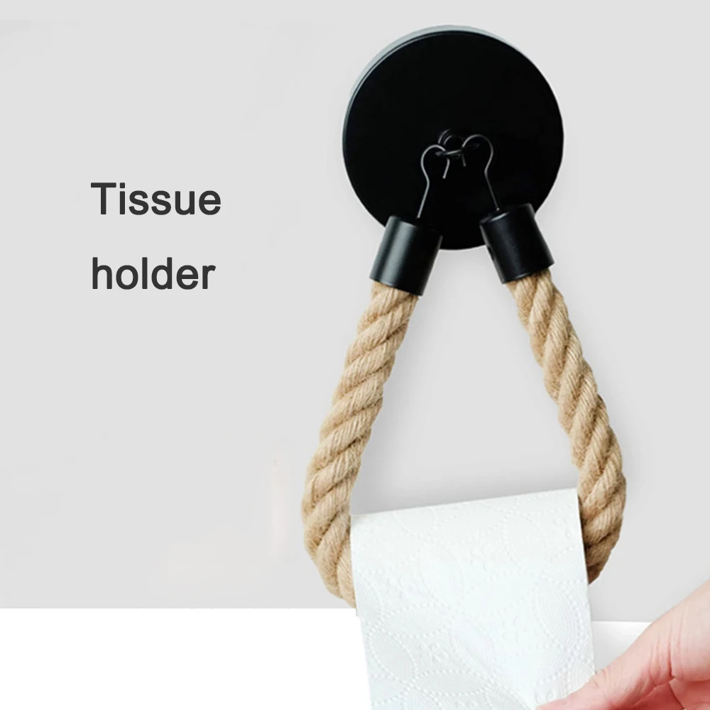 Retro Toilet Tissue Roll Holder Matte Black Vintage Steel Paper Towel Ring for Household Storage Rack Wall Sticker Jute Rope